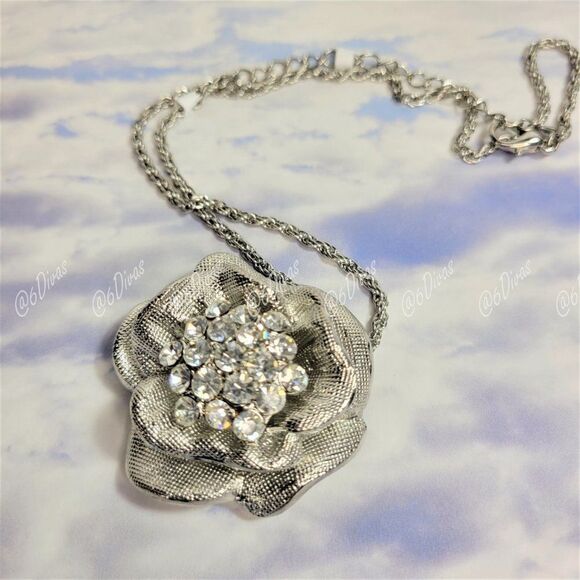 Large Silver Rose Flower Pendant Necklace - Picture 3 of 4